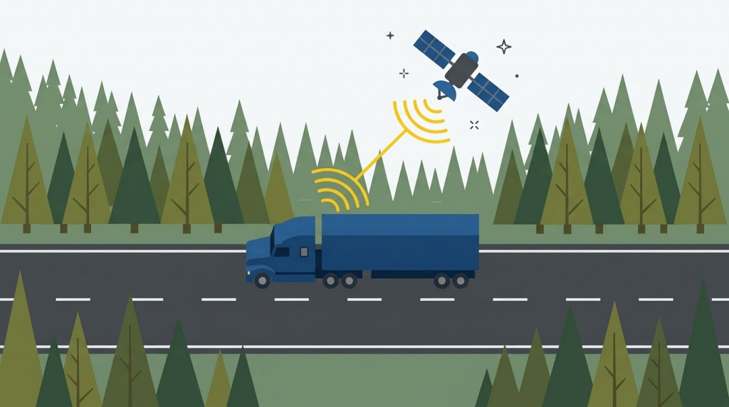 Иллюстрация GPS/ГЛОНАСС мониторинга транспорта: грузовой автомобиль на дороге и спутник, передающий сигнал навигации.